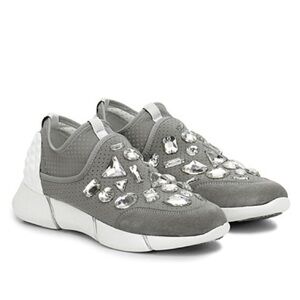 New Elena Iachi Mesh Suede Crystal Rhinestone Sneakers Gray Sz 36